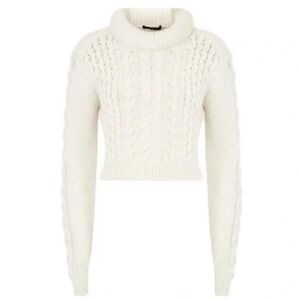 Tibi Cropped Cable Knit Cream Turtleneck Wool and Acrylic Winter Sweater